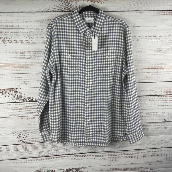 Onia Men's Size L Brush Plaid Deep Navy Liam Shirt Patch PocketNWT $140